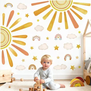 wondever Wandtattoo Sonne Kinderzimmer Wandaufkleber Regenbogen Boho Wolken Sterne Wandsticker Wanddeko für Babyzimmer Schlafzimmer