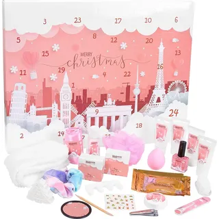 BRUBAKER Cosmetics Beauty Adventskalender - 24 x Körperpflege & Spa Accessoires - der XXL Weihnachtskalender für Frauen - Städte Wahrzeichen Rosa - Rosa