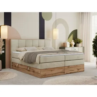 MKS Meble Boxspringbett, Doppelbett mit zwei Multipocket-Matratzen ALBERO 1 KING, Bettkästen und Kopfteil, Holzkiste in Wotan-Eichenfarbe - 200x20... - Beige