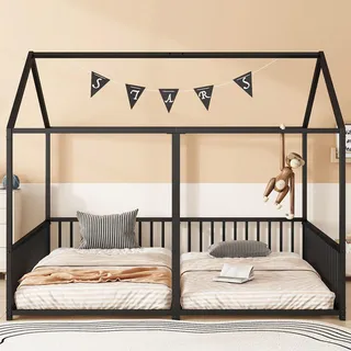 Haus-Hochbett 90x200 cm – Kinderbett in Schwarz, Eisenrahmen, Haus-Design, Geländer, Leiter, Doppelbett-Optik, 186x206x174,5 cm, für Kinderzimmer - Schwarz