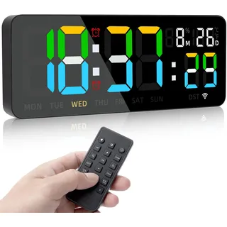 Fuloon WiFi Digitale Wanduhr, Großes Display Funkuhr mit Stoppuhr, Countdown Timer, Fernbedienung, Temperatur & Luftfeuchtigkeit Anzeige -Helligkeit und Lautstärke Einstellbar für Wohnzimmer Küche Fit