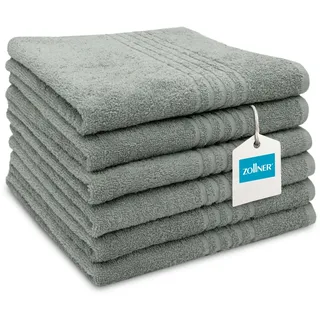 ZOLLNER 6er Set Handtücher in 50x70 cm - saugstarke Duschtücher in grau - mit praktischem Aufhänger - mit modernen Tiefgangstreifen - waschbar bis 60°C - Baumwolle - Hotelqualität