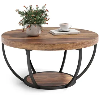 LITTLE TREE Kaffeetisch rund, 81,3 cm Beistelltisch aus Holz, 2-Etagen Couchtisch mit offener Ablage, industrieller Akzenttisch für Wohnzimmer, rustikales Braun/Schwarz