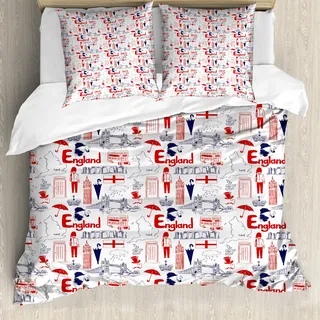 ABAKUHAUS London Bettbezug, Britische Kultur Sketch, Milbensicher Allergiker geeignet mit Kissenbezügen, 155 cm x 220 cm - 80 x 80 cm, Vermilion Dark Blue - Schwarz