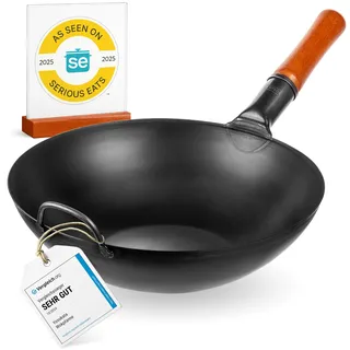 YOSUKATA Karbonstahl Woks & Wokpfannen - 34 cm Voreingebrannter Wok Pfanne Karbonstahl Flacher Boden - Traditionell Wok für induktionsherd - Kompatibel mit Gas- Elektroherden Grill Induktion Feuer