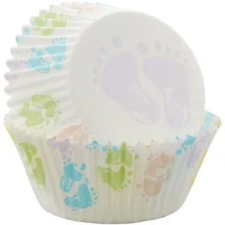 Wilton Baking Cups Baby-Füße - Muffinförmchen Papier, Muffin und Cupcake Förmchen Baby Shower Deko für Jungen Mädchen, Babyparty - pk/75, Mehrfarbig/Weiß