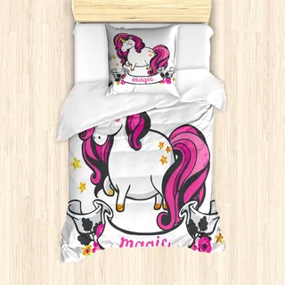 ABAKUHAUS Einhorn Mantele, Einhorn mit rosa Haaren, Milbensicher Allergiker geeignet mit Kissenbezügen, 135 cm x 200 cm - 80 x 80 cm, rosa, Weiß, - Weiß