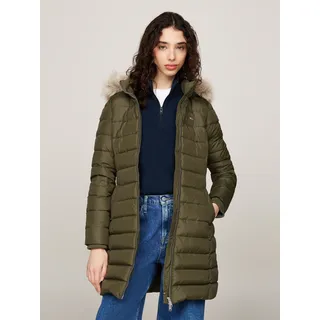 Tommy Jeans Steppmantel »TJW ESSENTIAL HOODED DOWN Coat mit Fellimitat, Logostickerei grün (fatigue Green), XS