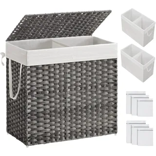 SONGMICS Wäschekorb Mit Deckel, 130 L, 2 Herausnehmbare Beutel, 6 Netztaschen, Poly-Rattan, Doppelt Für Badezimmer, 33 x 66 x 69 cm, Grau ULCB253G01