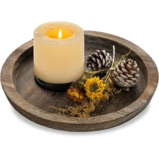 Romadedi Deko Tablett Holz Kerzenteller : 28cm Holztablett Rund Dekotablett für Tischdeko Kerzen Vintage Kerzenständer Kerzentablett Holzschale für Wohnzimmer Esstisch Couchtisch Landhausstil