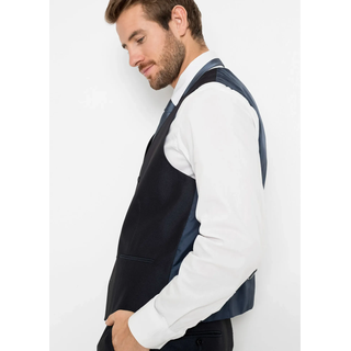 Anzug BONPRIX, Herren, Gr. 56, N-Gr, blau (dunkelblau (länge: regulär)), Web, Accessoire: 100% Polyester. Obermaterial: 88% Polyester, 12% Viskose. Futter: 100% Polyester, gepflegt, unifarben, festlich, regular fit, Anzüge Anzug, bestehend aus Sakko mit Reverse, Weste, Flatfront-Hose und Krawatte