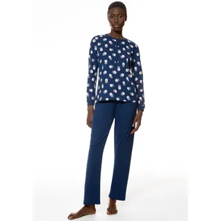 Schlafanzug MEY "Scribbled Dots", Damen, Gr. 42, blau (deep marine), Single Jersey, Obermaterial: 100% Baumwolle, lang, Rundhals, angesetztes Bündchen, Homewear-Sets Schlafanzug, Baumwolle, modern, bequem, gerade Form, Knopfleiste, Rundhals