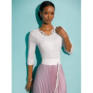 Spitzenshirt CREATION L "Lyocell-Shirt", Damen, Gr. 36, beige (ecru), 95% Lyocell, 5% Elasthan, unifarben, Rundhals, Shirts Spitzenshirt