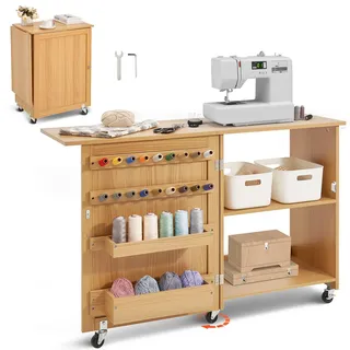 Vevor klappbarer Nähtisch Mehrzweck Nähmaschinentisch mit Rädern & Regalen Ablagefächern & Holzstiften & magnetischen Türen, Nähmaschine Holzfarbe faltbar (1170 x 400 x 778 mm)