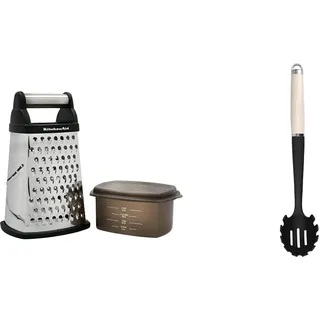 KitchenAid Vierkantreibe, 4-seitige Käsereibe aus Edelstahl mit Hobel, Reibe und Zesteur & Pasta-Servierlöffel, Hitzeresistent, Antihaftbeschichtung, Spaghettilöffel – Almond Creme