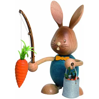 Kuhnert Drechslerei Osterdekoration/Osterhase „Stupsi Hase der Möhrenangler“ 11 cm hoch, aus feinstem Holz, für EIN Bezauberndes Osterfest oder eine dauerhafte Dekoration, Holzkunst Made in Germany