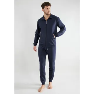 Loungeanzug GÖTZBURG "Boston", Herren, Gr. 50 (M), blau (blau, dunkel, uni), Obermaterial: 95% Baumwolle, 5% Elasthan, bequem lang, ohne Ausschnitt, Homewear-Sets Loungeanzug, seitliche Eingrifftaschen, Oberteil mit Reißverschluss, Baumwollmix