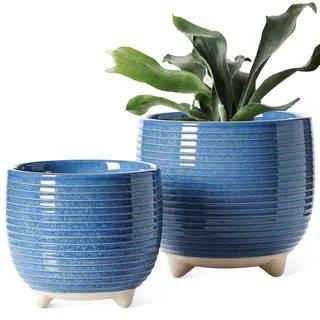 LE TAUCI Blumentopf Keramik mit Füßen, 12+16 cm Durchmesser Klein Übertöpfe Set, 2 er Pack Blumentopf für Zimmerpflanzen mit Abflussloch, Reaktive Glasur Blau