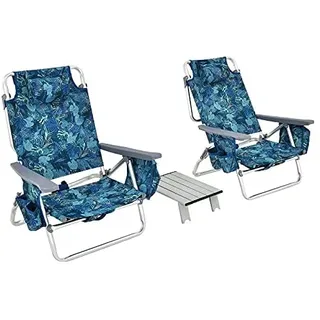 Generisch Campingstühle und Tisch Set, klappbare Strandstühle mit Verstellbarer Rückenlehne, Kopfstütze, Seitentaschen, Eisbeutel, Armlehnen & Schultergurten, Klappstühle leicht (Marine)