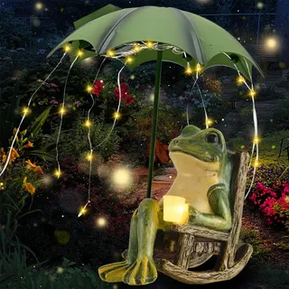 Vmxlso Deko Frosch für Draußen, Solar Frosch Gartendeko, Frosch Deko Garten mit Wasserdicht Lichterketten, Lustige Regenschirm Frosch Statue, Frosch Figur, Tier Garten Statue für Terrasse Rasen Teiche