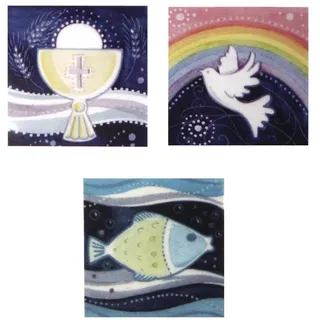 Rayher 31530000 Wachsmotive, christliche Motive, 4 x 4 cm, 3 Stück, Kelch, Taube, Fisch, zum Kerzen verzieren, Verzierwachs für Kommunionkerzen, Kerzen zur Konfirmation, Firmung etc.