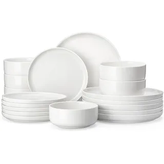 MALACASA LUNA Geschirrset 6 Personen, Teller Set 18-tlg, Porzellan Modern | Geschirr aus 6 Speisetellern, 6 Desserttellern & 6 Müslischalen aus weißem Porzellan Tafelservice