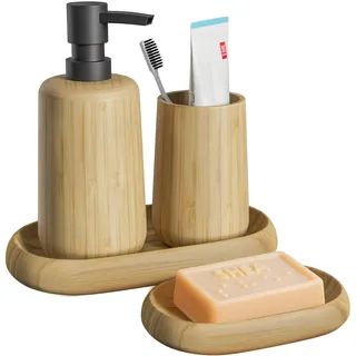 Asashizen Retro Bambus Badaccessoires Set, 4-teilig, Seifenschale, Seifenspender, Tablett, Mundspülbecher für Zuhause, Büro, Hotel, Badezimmer-Zubehör-Set