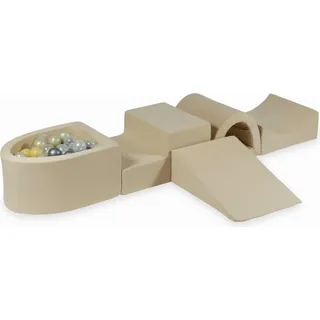 Schaumstoffspielplatz mit Brücke und Pool Mikrobeige + 100 Bälle: transparent, opaleszierend, hellgold, silber, beige