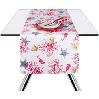 Excelsa Coral Tischläufer, Baumwolle, Weiß mit Korallendekor, 45x140