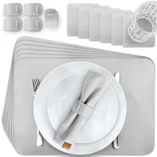 MIQIO Tischset aus Kunstleder - 18er Tisch- Untersetzer-Set - Leder Platzsets abwaschbar - 6 Platzsets, Glasuntersetzer, Serviettenringe | grau | rechteckig