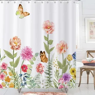 Caheansi Duschvorhang mit Frühlingsblumen, bunt, Aquarell, Wildblumen, Schmetterlinge, botanische Pflanzen, Badezimmervorhang, wasserdichter Stoff, maschinenwaschbar mit Haken, 183 cm B x 183 cm L