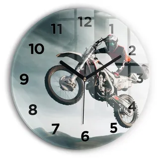 Wallfluent Wanduhr – Stilles Quarzuhrwerk - Uhr Dekoration Wohnzimmer Schlafzimmer Küche - Zifferblatt - schwarze Zeiger - 30 cm - Motorrad im Adrenalin-Stil - Grau