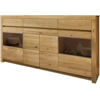 Valdera Sideboard , Wildeiche , Holz, Glas , Wildeiche , massiv , 3 Fächer , 3 Schublade(n) Schubladen , 211.2x110.5x42.1 cm , Goldenes M , Typenauswahl, Beimöbel erhältlich, in verschiedenen Holzarten erhältlich, Beleuchtung , Holzmöbel, Wohnwände Holz, Wohnwand Serien Holz