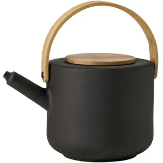 Stelton Teekanne Theo - Rustikale Steingut-Kanne, Deckel & Griff aus Bambus - Modernes skandinavisches Design, Gusseisen-Finish - Stilvolles Tee-Accessoire - 22x16 cm, 1,25 Liter, Schwarz & Braun