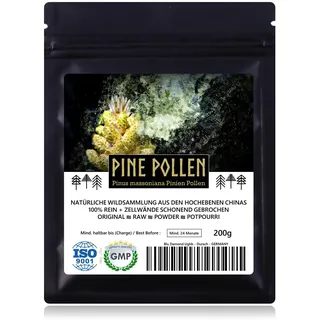 PINE POLLEN (Pinien Pollen) - Natürliche Wildsammlung | TOP-Qualität vom NR.1-Original | 100% rein + laborgeprüft auf Schadstoffe | GMP + ISO-9001 zertifiziert | frisch geerntet | roh vegan | 200g