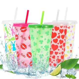 panemy Farbwechsel Becher 720ml 5-Teiliges Set Becher mit Deckel und Strohhalm Plastik, Slush Becher mit Strohhalm, Trinkbecher mit Deckel und Strohhalm klassische Milchshake-Beche Partybecher