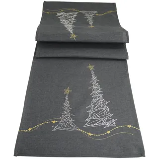 khevga Tischläufer Tischdecke Weihnachten modern in Grau mit Stickerei Gold Silber (Grau_Baum)