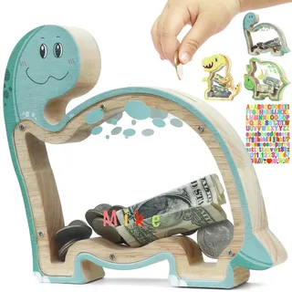 DBPBToU Spardose Kinder aus Holz Spardose Dino (Blau)