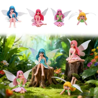 VOSSOT Elfen Figuren Garten Deko 4 Pack, Feen Statue Geschenke Deko & Miniatur Feengarten Zubehör, Kleine Gartendeko für Draußen, Feen Tortendeko für Kuchen, Feenhaus Ornamente