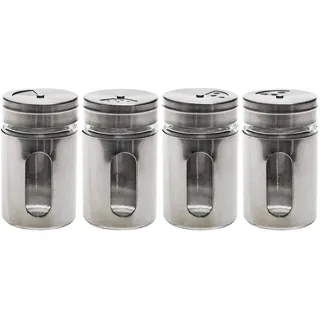 for friends Gewürzstreuer 4er-Set aus Edelstahl mit Sichtfenster aus Glas & mit Dreh-Deckel | Höhe 8 cm & Durchmesser 5 cm | Gewürzdosen Salzstreuer Pfefferstreuer aus Metall 4-teilig in Silber