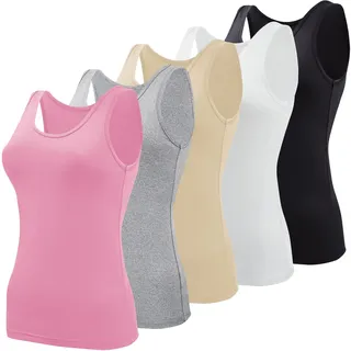 BQTQ 5 Stück Elastische Tank Tops Damen Unterhemden Stretch Crop Top Basic Cami Tank Top für Frauen und Mädchen, Schwarz, Weiß, Grau, Rosa, Beige, XXL