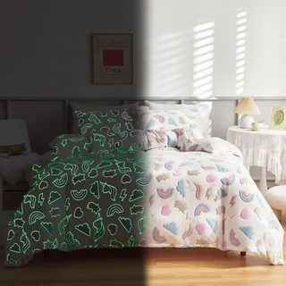 Freyamy Winter Bettwäsche 135x200 Biber Flanell Flauschige Winterbettwäsche | Leuchtend im Dunkeln Kinderbettwäsche Plüsch, 2teilig Warme, ÖKO-TEX Bettbezug mit Reißverschluss und 1 Kissenbezug 80x80cm
