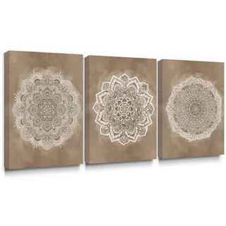 SUMGAR Leinwand Bilder Wohnzimmer, Boho Mandala 3er Set, 30x40 cm | Bilder mit Rahmen aus Holz, Braun Beige Geometrische Wanddeko für Schlafzimmer Badezimmer Büro, Fertig zum Aufhängen
