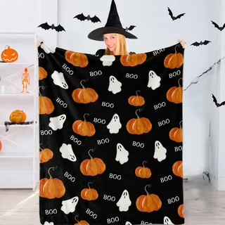 Togvu Schwarz Halloween Decke, Malerei Kürbis Geist Boo Kuscheldecke, Halloween Deko Sofadecke, Waschbar Herbst Wohndecke Couchdecke Überwurfdecke 125x150cm für Schlafzimmer Wohnzimmer Bett Sofa