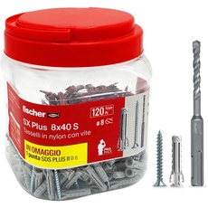 Fischer 8 mm, Propack SX Plus 8 S 120 Dübel 8 x 40 mit Schraube + SDS-Bohrer, wiederverwendbar, zur Befestigung an Beton und Mauerwerk, 570208, grau