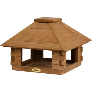 dobar® Vogelhaus Blockhaus 4-eckig mit Holzdach - Vogelfutterhaus aus Holz wetterfest lasiert - Futterstation für Wildvögel stehend für Ständer - Braun