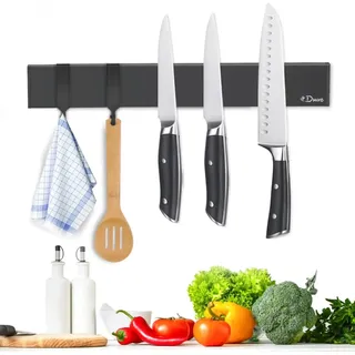 Dmore 30 cm Magnetleiste Messer mit 2 Haken, schwarzer Messerhalter magnetisch ohne Bohren, leistungsstarker Magnet Messerhalter, inklusive Klebeband und Schrauben für Messer, Utensilien und Werkzeuge