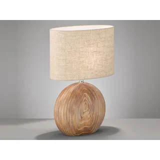 LED Tischlampe mit Keramikfuß Holzoptik & Lampenschirm Leinen Beige, 53cm groß