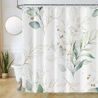 Uiiooazy Duschvorhang 180x180cm Anti Schimmel Eukalyptus Grüne Gold Blätter | Duschvorhang Salbeigrün Aquarell Pflanzen Wasserdicht Waschbar Stoff Polyester Bad Vorhang mit 12 Haken für Badezimmer
