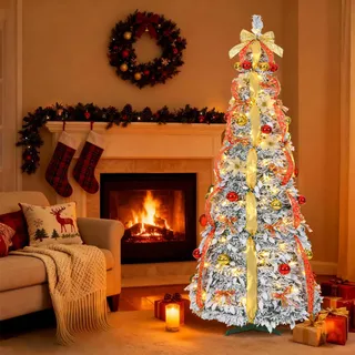 UISEBRT Pop-Up Weihnachtsbaum Künstlich Mit Beleuchtung,Band,Schleife,Faltbar Christbaum mit 8 Beleuchtungsmodi,IP44 Wasserdicht für Außen Innen Deko,150cm mit 100 LEDs,Rot-Gold,beflockt